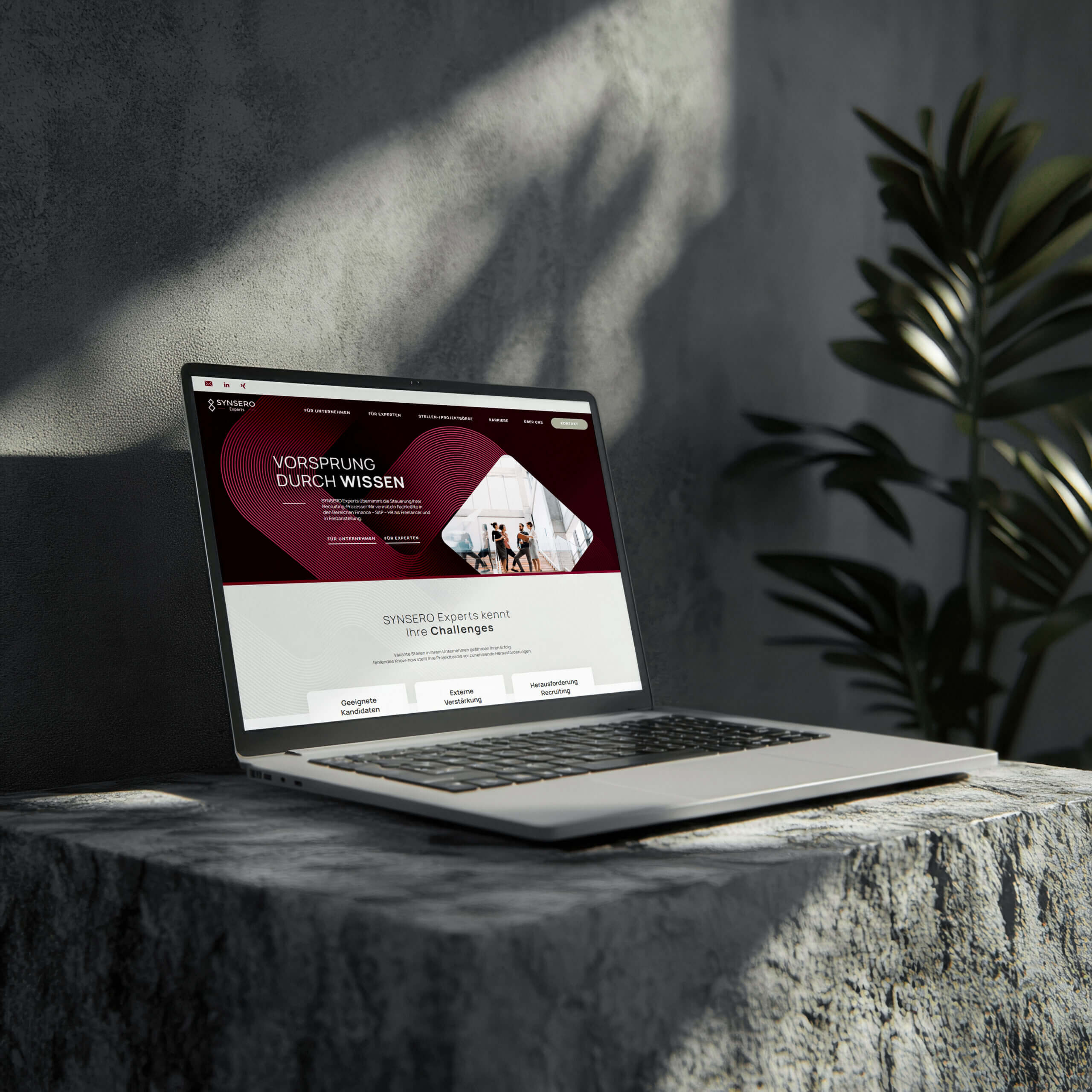 Ein Laptop, auf dem eine Unternehmenswebsite mit deutschem Text angezeigt wird, steht auf einer Steinplatte in einem sonnenbeschienenen Raum, neben einer grünen Pflanze und einer grauen, strukturierten Wand. - NINE brackets Digitalagentur München