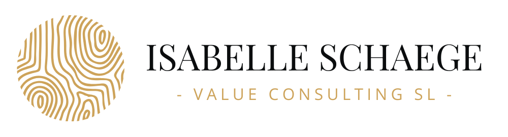 Logo für Isabelle Schaege Value Consulting SL mit einem kreisförmigen Fingerabdruck in Gold auf der linken Seite und dem Firmennamen in schwarzer und goldener Schrift auf hellem Hintergrund. - NINE brackets Digitalagentur München